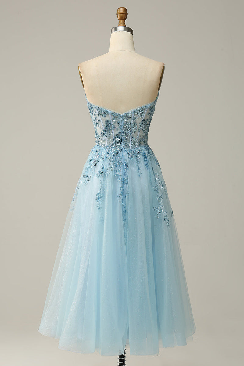 Afbeelding in Gallery-weergave laden, A Line Midi Sweetheart Pailletten Hemelsblauwe Galajurk