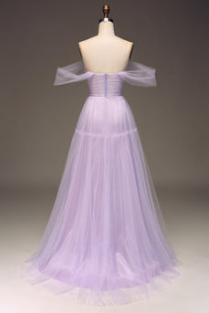Lila Off the Shoulder A Line Tulle prinses Prom jurk met split