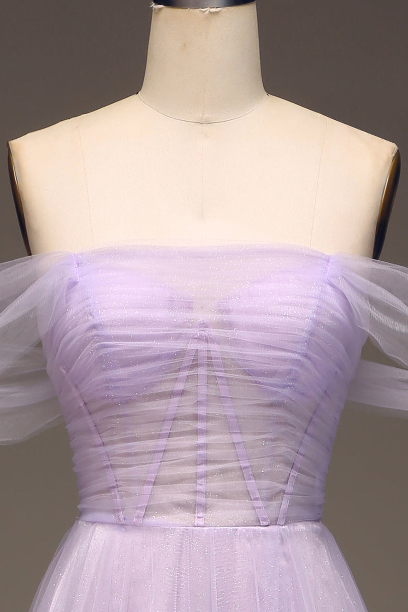 Afbeelding in Gallery-weergave laden, Lila Off the Shoulder A Line Tulle prinses Prom jurk met split