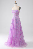 Paarse A-lijn strapless korset galajurk met appliques