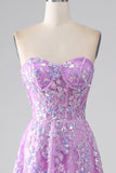 Paarse A-lijn strapless korset galajurk met appliques