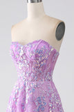 Paarse A-lijn strapless korset galajurk met appliques