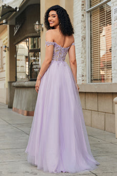 Prachtige A Line Off the Shoulder paarse korset Prom jurk met appliques