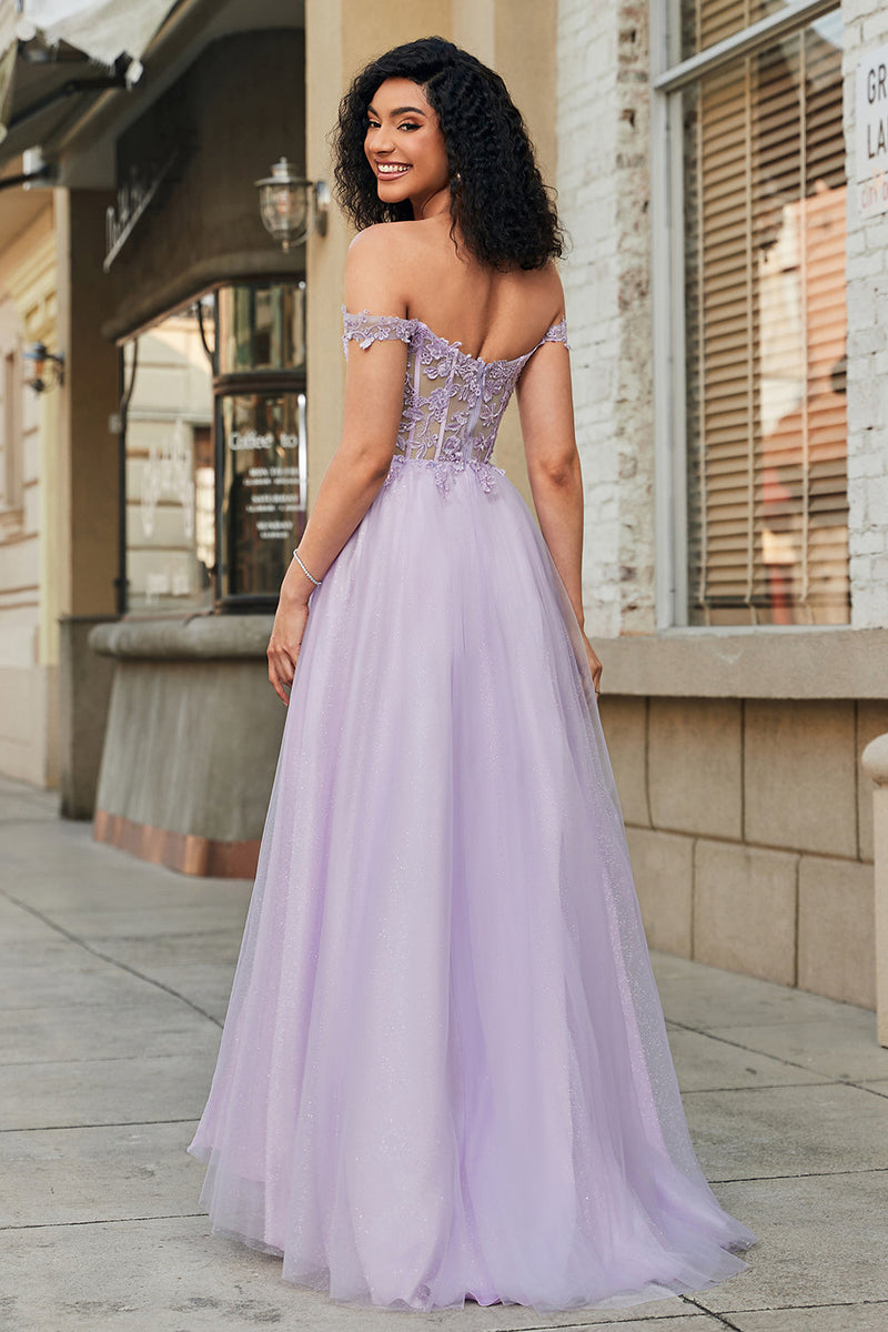 Afbeelding in Gallery-weergave laden, Prachtige A Line Off the Shoulder paarse korset Prom jurk met appliques