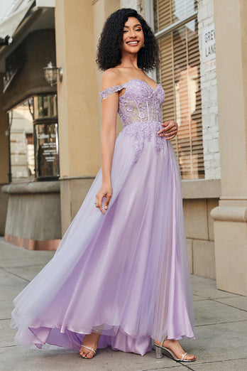 Prachtige A Line Off the Shoulder paarse korset Prom jurk met appliques