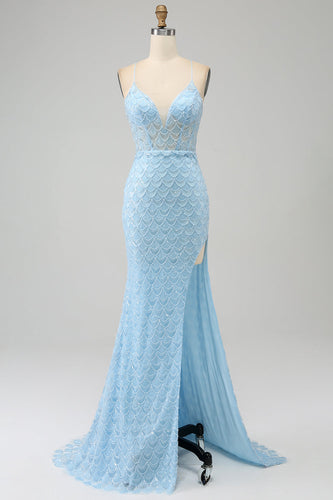 Glitter hemelsblauw Spaghetti bandjes zeemeermin Prom jurk met split