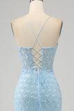 Glitter hemelsblauw Spaghetti bandjes zeemeermin Prom jurk met split