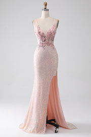 Glitter roze kralen zeemeermin Prom jurk met split