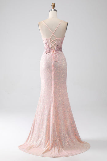 Glitter roze kralen zeemeermin Prom jurk met split