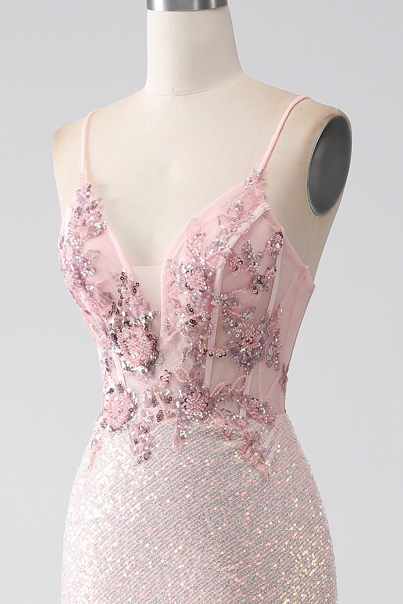 Afbeelding in Gallery-weergave laden, Glitter roze kralen zeemeermin Prom jurk met split