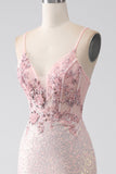 Glitter roze kralen zeemeermin Prom jurk met split