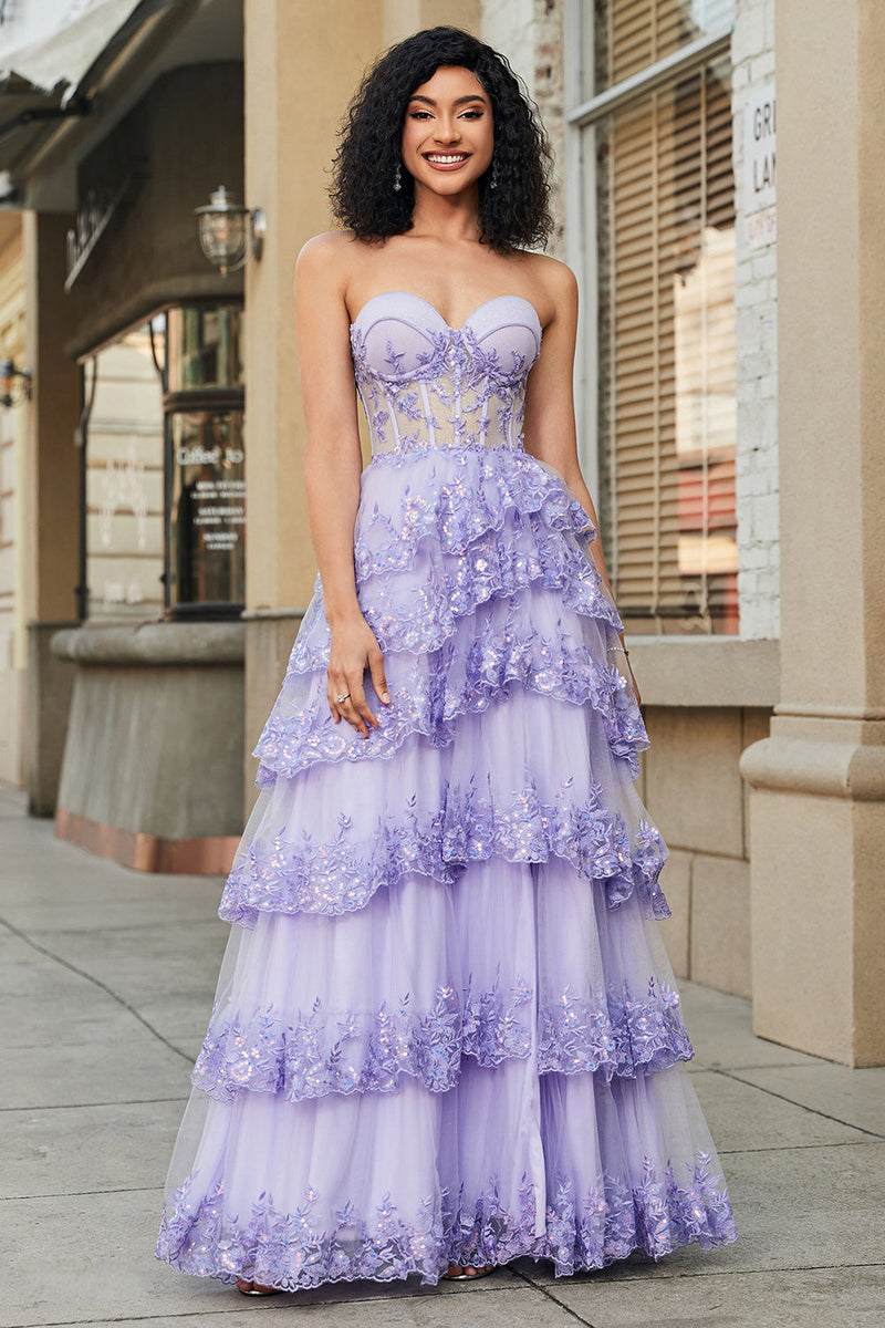 Afbeelding in Gallery-weergave laden, Prinses A Line Sweetheart lavendel korset Prom jurk met gelaagde kant