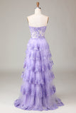 Lavendel Strapless gelaagde tule korset Prom jurk met appliques