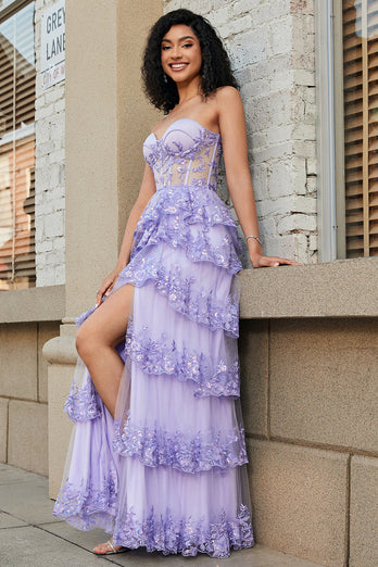 Prinses A Line Sweetheart lavendel korset Prom jurk met gelaagde kant