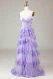 Lavendel Strapless gelaagde tule korset Prom jurk met appliques