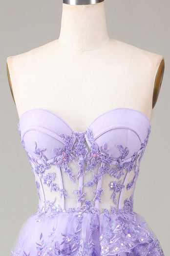 Lavendel Strapless gelaagde tule korset Prom jurk met appliques