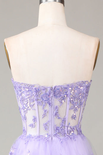 Lavendel Strapless gelaagde tule korset Prom jurk met appliques