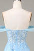 Afbeelding in Gallery-weergave laden, Off the Shoulder blauwe A-lijn prinses korset galajurk met split