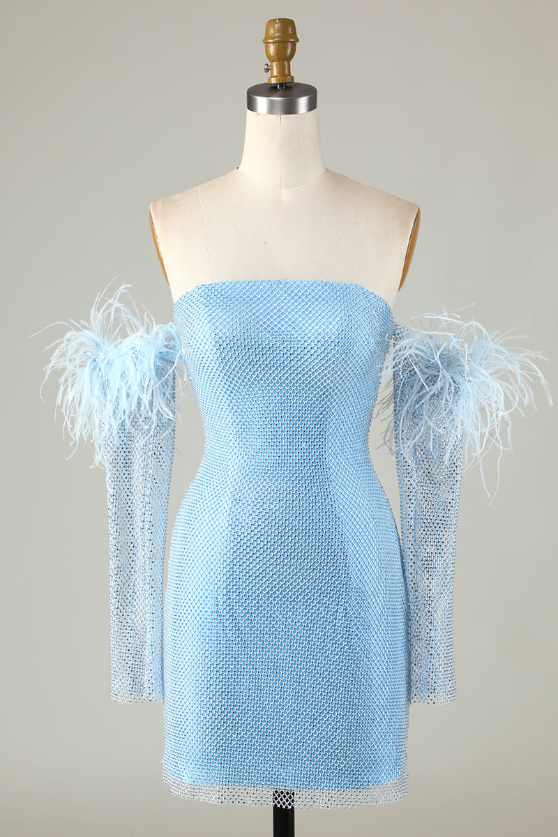 Afbeelding in Gallery-weergave laden, Afneembare mouwen blauw strak homecoming jurk met veren