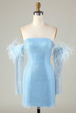 Afneembare mouwen blauw strak homecoming jurk met veren