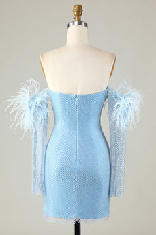 Afneembare mouwen blauw strak homecoming jurk met veren
