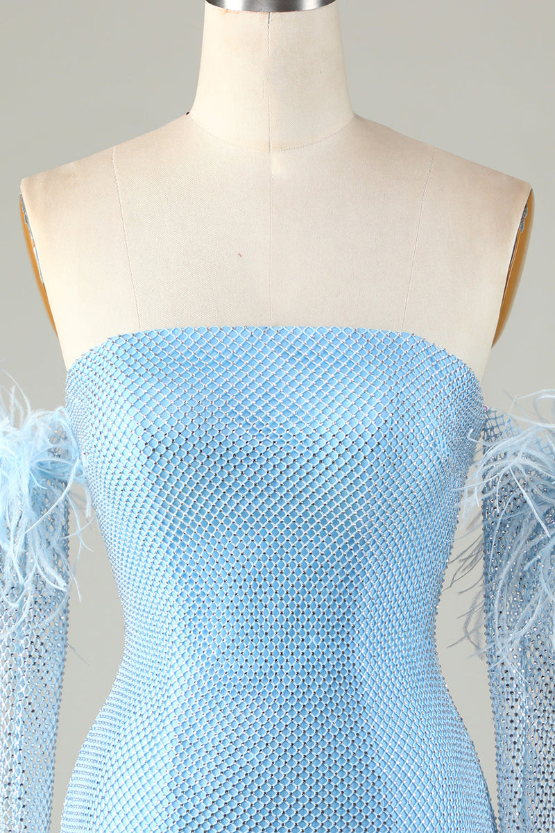 Afbeelding in Gallery-weergave laden, Afneembare mouwen blauw strak homecoming jurk met veren