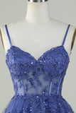 Leuke A Line Spaghetti Bandjes Donkerblauw Sprankelend Korset Homecoming Jurk