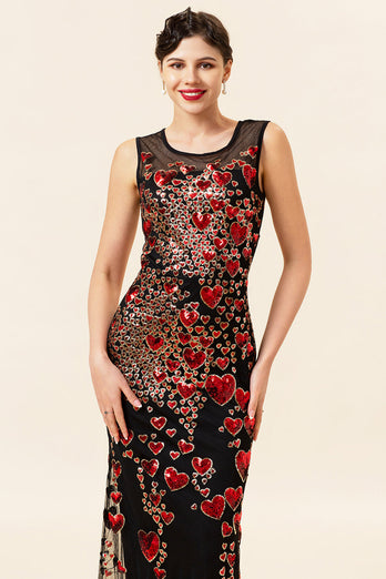 Schede ronde hals zwart rood love hart kralen lange flapper 1920s jurk