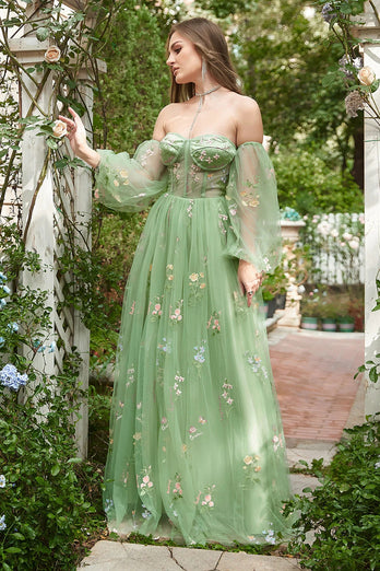 Green Off The Shoulder Lange Mouwen A-Line Galajurk