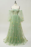 Off The Shoulder Groene Lange Mouwen A-Line Galajurk