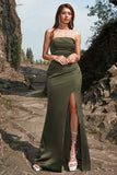 Schede Strapless Olive Long Prom Jurk met Split Front