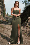 Groene Strapless Satin Galajurk met Spleet