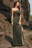 Schede Strapless Olive Long Prom Jurk met Split Front