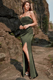 Schede Strapless Olive Long Prom Jurk met Split Front