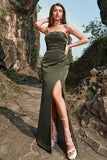 Schede Strapless Olive Long Prom Jurk met Split Front