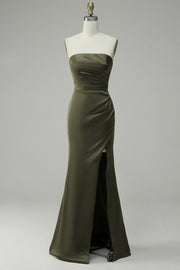 Groene Strapless Satin Galajurk met Spleet