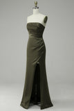 Groene Strapless Satin Galajurk met Spleet