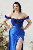 Schede Off the Shoulder Royal Blue Plus Size Galajurk met Split Front