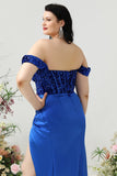 Schede Off the Shoulder Royal Blue Plus Size Galajurk met Split Front