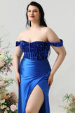 Schede Off the Shoulder Royal Blue Plus Size Galajurk met Split Front