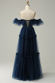 A-Line Off the Shoulder Sweetheart Tulle Navy Long Prom Jurk