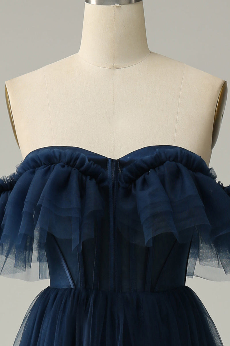 Afbeelding in Gallery-weergave laden, A-Line Off the Shoulder Sweetheart Tulle Navy Long Prom Jurk