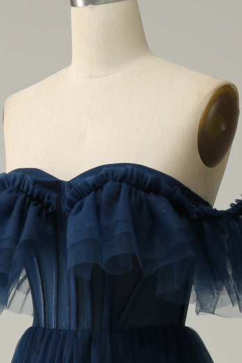 A-Line Off the Shoulder Sweetheart Tulle Navy Long Prom Jurk