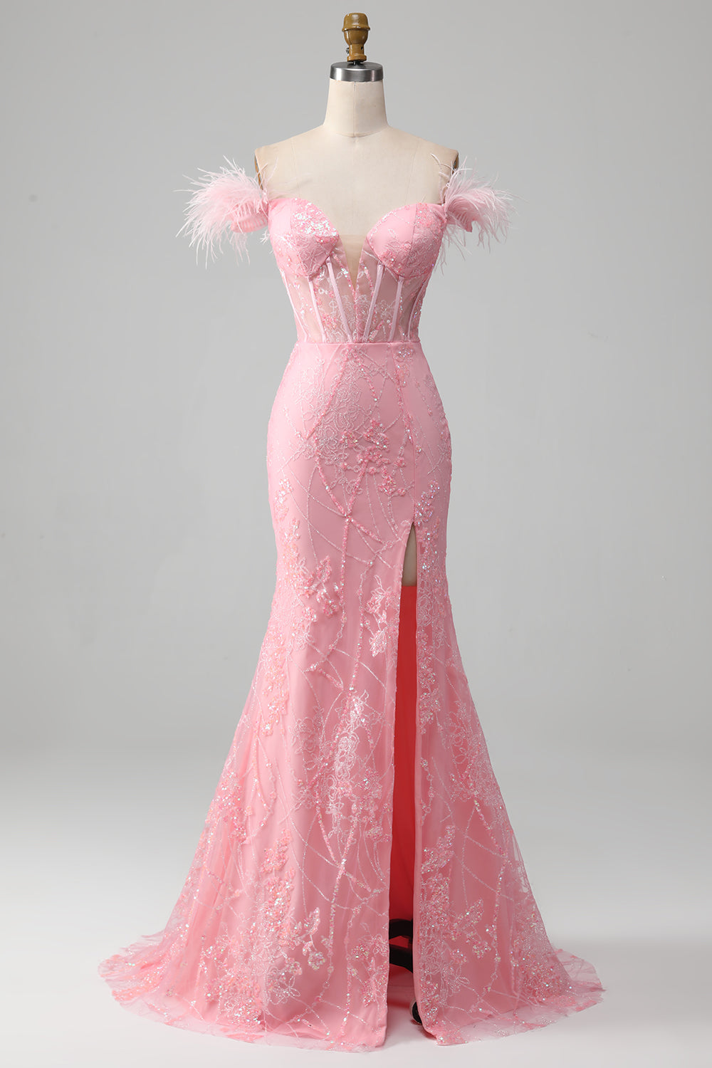 Zeemeermin Off the Shoulder sprankelende roze veren korset Prom jurk met split