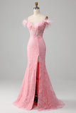 Zeemeermin Off the Shoulder sprankelende roze veren korset Prom jurk met split