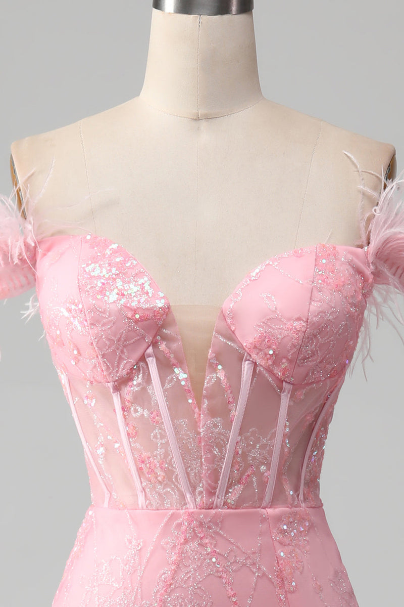 Afbeelding in Gallery-weergave laden, Zeemeermin Off the Shoulder sprankelende roze veren korset Prom jurk met split