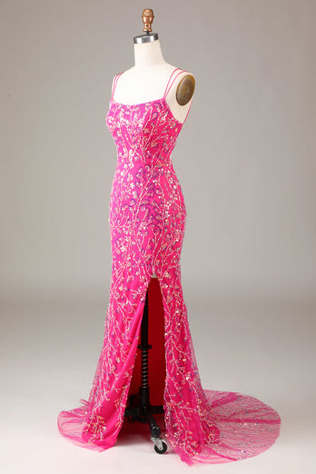 Hete roze pailletten & kralen zeemeermin Prom jurk met split