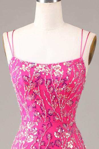 Hete roze pailletten & kralen zeemeermin Prom jurk met split