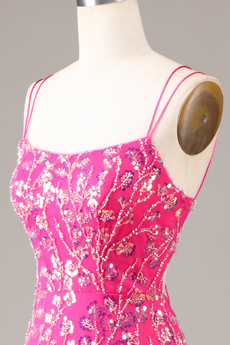 Afbeelding in Gallery-weergave laden, Hete roze pailletten &amp; kralen zeemeermin Prom jurk met split