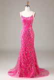 Hete roze pailletten & kralen zeemeermin Prom jurk met Backless